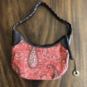 VINTAGE SAK 9855 RED PAISLEY HOBO HANDBAG/PURSE BROWN LEATHER BRAIDED HANDLE EUC - Picture 1 of 14