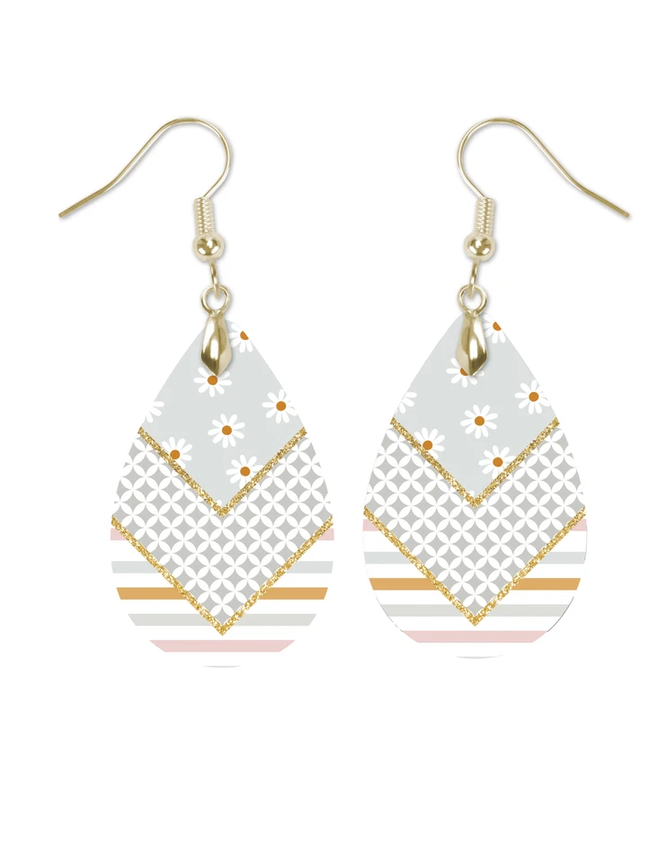 Pendientes de lágrima gris a cuadros y margaritas orejas perforadas colgantes de 1,5 pulgadas Foto 1 de 1