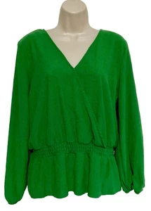 Vince Camuto large top emerald green front cross V-neck long sleeve peplum hem - Picture 1 of 9