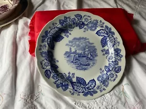 COPELAND SPODE BLUE TRANSFERWARE 10 3/4" PLATE HARBOUR SCENE STRAWBERRY EDGE - Picture 1 of 2