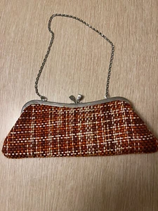 Vintage Tweed Fabric Orange Brown Clutch Purse Handbag W/ Chain - Picture 1 of 9