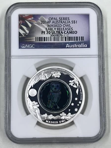 2014P Australia S$1 NGC PF70 Ultra Cameo Masked Owl Opal Series - Picture 1 of 4