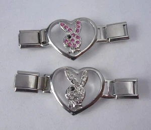 BUNNY RABBIT 9mm Italian Charm CONNECTOR LINK - Pink or Clear Gems in HEART - Picture 1 of 15