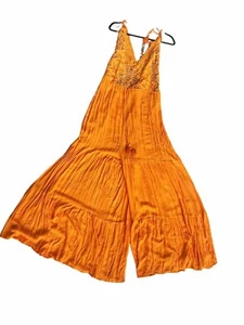 FREE PEOPLE Yellow Jumpsuit Playsuit – Embroidered lace Backless Wide Leg M - Picture 1 of 11
