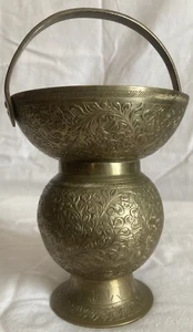 Brass Hindu Holy Water Pot Vase Vintage Antique Etched Made in India 7" - Picture 1 of 13