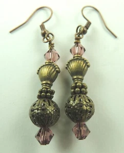 Bronze Muschel Kugel Boho Chic & Kristall Ohrhänger Handarbeit Schmuck - Bild 1 von 1