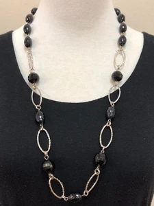 Women's Silver Tone & Black Beaded Frontal Necklace Earring Set - Picture 1 of 11