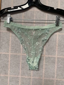 VTG 90s VICTORIA’S SECRET Green HIGH LEG Size M Embroidered Mesh Thong PANTIE - Picture 1 of 12