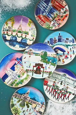 SET 7 ANTHROPOLOGIE Holiday City CHRISTMAS 2024 PLATE NYC PARIS AUSTIN CHICAGO + - Image 1 of 4
