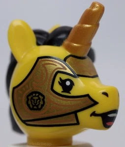 Lego Yellow Unicorn Modified Head with Black Hair Gold Horn Face Plates - Picture 1 of 3