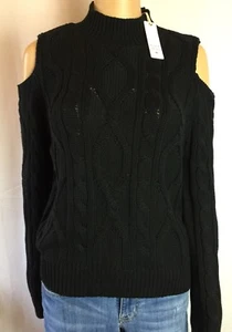 NWT BLACK SWAN, Black Cold Shoulder Long Sleeves Cable Knit Cotton Sweater SZ M - Picture 1 of 11