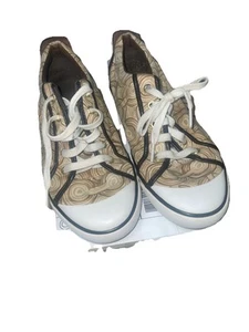 Coach Barrett Brown/White/Tan C Swirl Logo Canvas/Leatherware Sneakers 9B - Picture 1 of 8