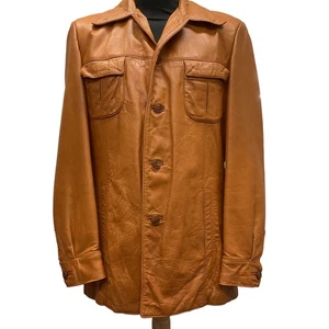 Vintage Jeno De Paris Men's Leather Jacket Button Front Rust Tan Brown Size 42 - Picture 1 of 19