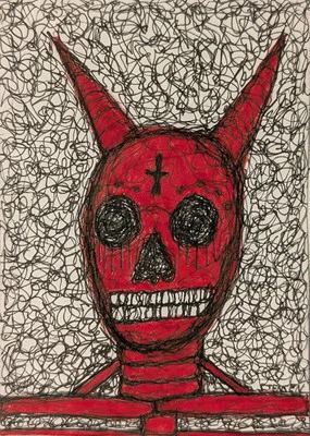 ORIGINAL ACEO Skeleton Ink Line Scribble Art Halloween Horror Outsider Wall Art - Image 1 of 4