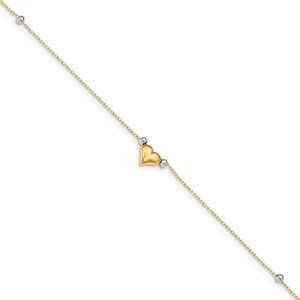 14k Yellow and White Gold Puffed Heart and Bead Anklet, 10 Inch - Picture 1 of 6