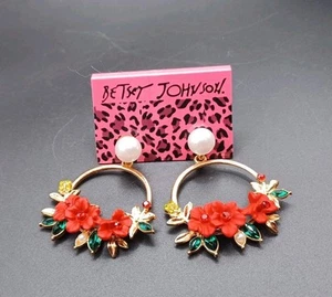 New Betsey Johnson Red Flower Pearl Rhinestone Dangle Earrings - Picture 1 of 3