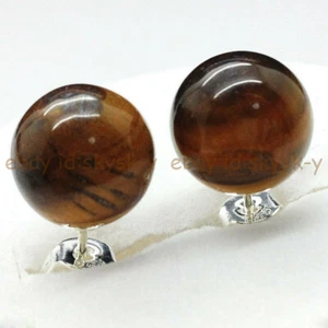 Genuine Natural 10mm African Tiger's Eye Round Gems Beads Silver Stud Earrings - Picture 1 of 6
