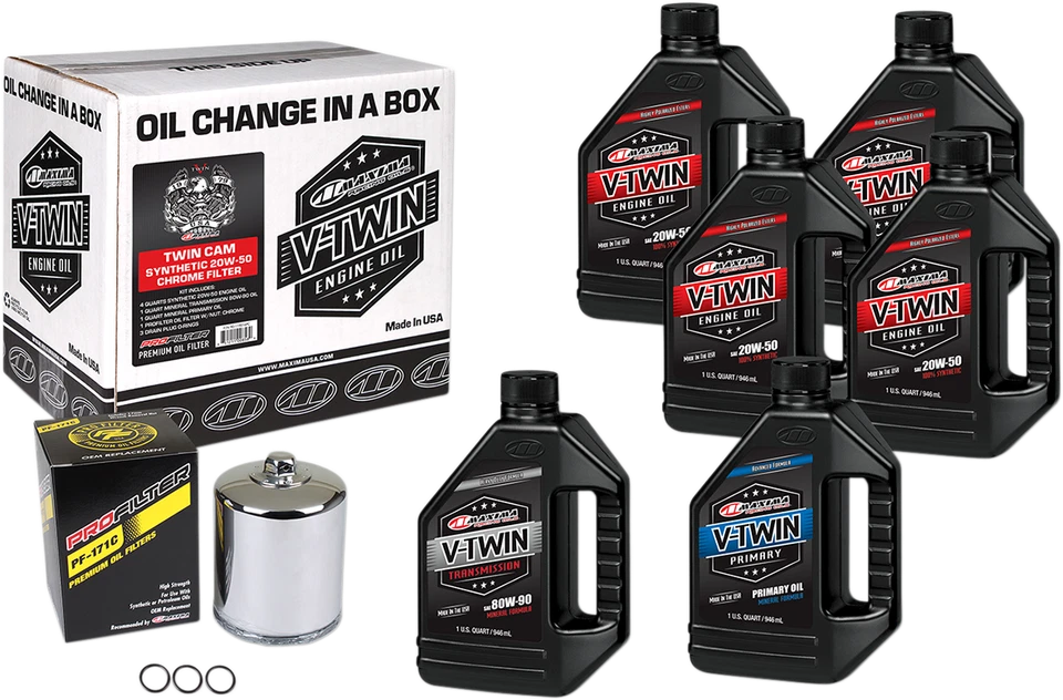 Maxima Twin Cam Oil Change Kit & Chrome Filter for 99-17 Harley Touring Softail - Image 1 of 1
