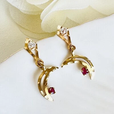 Vintage 14k Yellow Gold Genuine Ruby Crescent Moon Dangle/Drop Post Earrings - Image 1 of 4