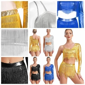 Women Dancewear Jazz Skirt Crop Top Outfit Party Dance Side Metallic Tribal Set - Picture 1 of 58