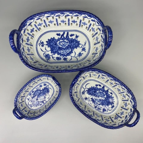 Set of 3 Reticulated Nesting Ceramic Basket/Dishes with Handles EUC Cover