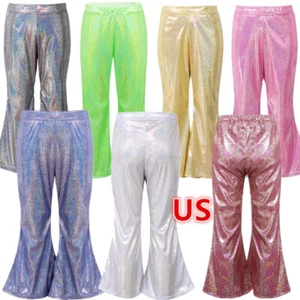 Girl Pant Shiny Metallic Flare Dance Pants Hippie Bell Bottom Wide Leg Dancewear - Picture 1 of 87