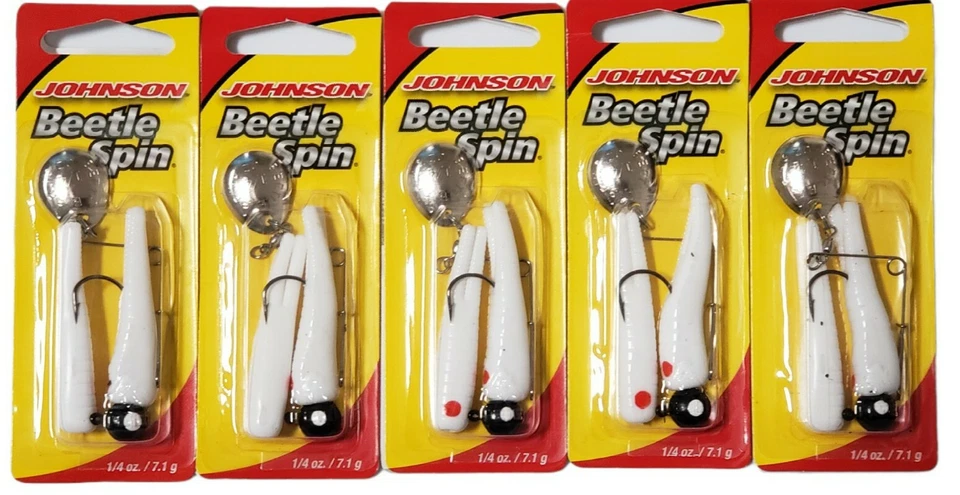 Johnson Beetle Spin Jig W/nickel Blade 1/4 Oz 2 in White/red Dot 2/pk 1062261