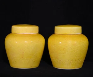 A Pair Beautiful Chinese Hand Painting Yellow Glazed Porcelain Dragon Pot - Picture 1 of 9