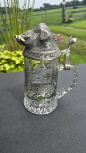 Vintage German Beer Stein Glass Pewter Lid Boar Head Ducks Wildlife West Germany - Picture 1 of 11