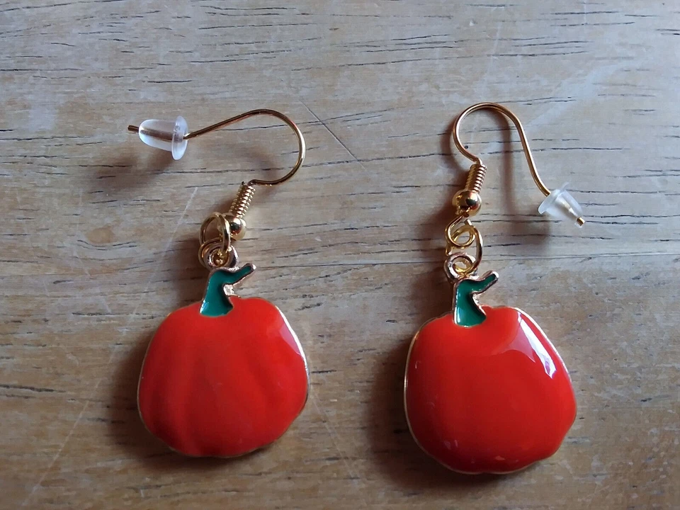 Pendientes Calabaza Naranja Esmalte Pintado Sobre Oro Acción de Gracias Otoño Otoño Foto 1 de 1