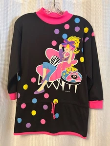 VTG 90s Tickle Me Pink & Black Girls Long Sleeve Tunic Sweatshirt Size 10/12 - Picture 1 of 6