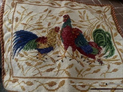 16" x 20" Wool Needlepoint Anne Hathaway's Design Pillow Rooster Hen Chickens - Image 1 of 4