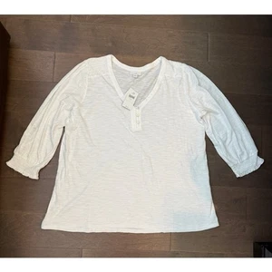 Neu mit Etikett J. Jill weiß 3/4 gesmokte Ärmel Henley Top Perlen Knöpfe groß brandneu - Bild 1 von 9