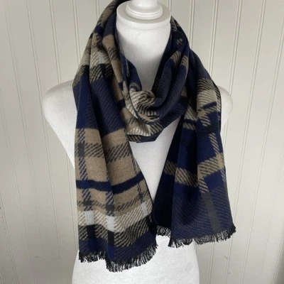 Enrico Milano 100% Silk Multicolor Plaid Scarf With Fringe Navy and Tan - Image 1 of 4