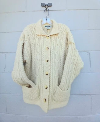 复古厚重的爱尔兰 Arancrafts 手工针织女式 S 奶油羊毛开衫电缆针织 — 第 1/4 张图片