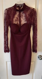Main Strip, Burgundy Lace Cutout, M, High Neck, Lace Long Sleeves. - Picture 1 of 3