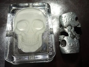 Metal Lighter Case Fits Standard Bic Lighter  Double Skull & Luminescent Ashtray - Picture 1 of 8