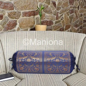 Indian Blue Silk Cover Kantha Yoga Round Cushion Cover Cylinder Bolster Pillow - Bild 1 von 6