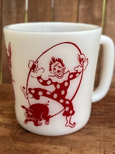 Vtg Hazel Atlas Milk Glass Circus Clown Donkey Childs Mug Red White - Picture 1 of 6