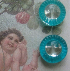 Set of 6 Vintage 1/2" Turquoise Painted Rim Crystal Glass Buttons~NOS - Picture 1 of 2