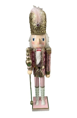 Sixtrees Nutcracker Soldier Figurine Glam Pink & Gold Sequins Holiday Home  17" - Image 1 of 4