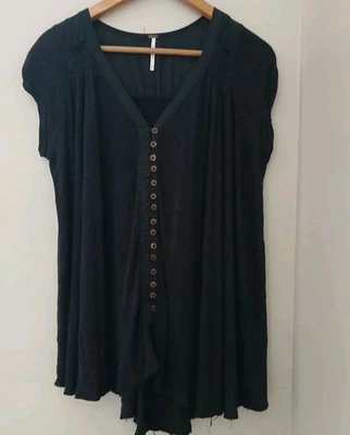 Free People Button Front V Neck Highland Shirt XS Black S/S Raw Hem Linen Boho - Image 1 of 4