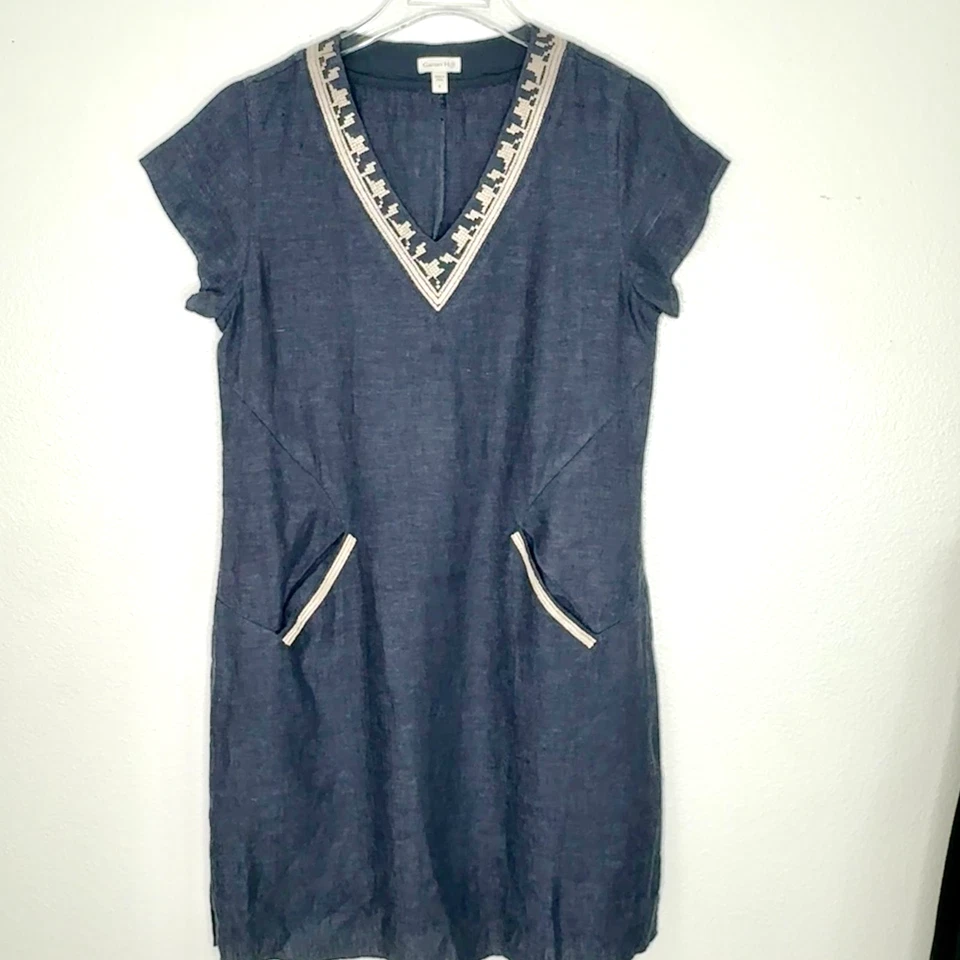 Vestido recto Garnet Hill 100 % lino manga gorra azul detalle bordado para mujer talla 8 Foto 1 de 4