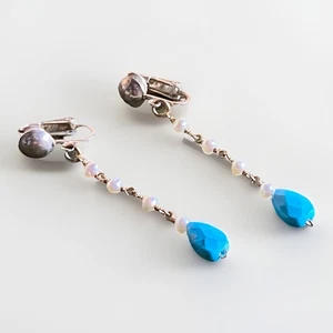 Pendientes colgantes vintage turquesa nativa americana y perla clip - Imagen 1 de 3