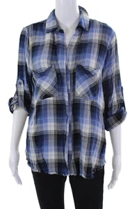 Bella Dahl Womens Plaid Frayed Hem V-Neck Button Down Blouse Blue Size M - Picture 1 of 6