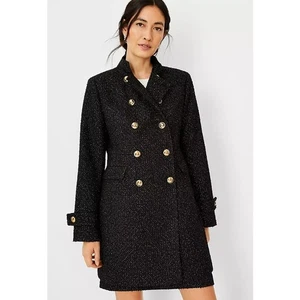Ann Taylor Tweed Military Jacket Double Breasted Long Coat Black NWT, Size M - Picture 1 of 17