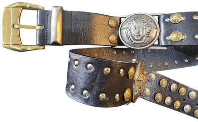 Cinturón Gianni Versace Vintage Años 90 - Cuero Negro Dorado Plata Medusa Stud Unisex Foto 1 de 4