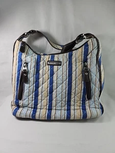 Longaberger Homestead gesteppte Handtasche Schulter 12x9" blau braun Streifen Lederbesatz - Bild 1 von 6