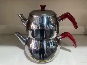 2PC Turkish Tea Pot Set Glitter Red/Blue Handle - Medium or Family Size Steel - Picture 1 of 16