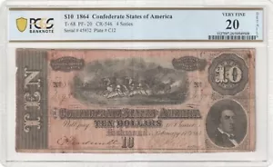 Confederate 1864 $10 T-68 PF-20 CR-546 Series 4 Note PCGS VF 20 Details - Picture 1 of 2